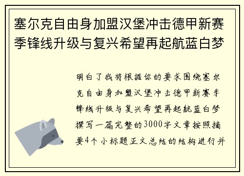 塞尔克自由身加盟汉堡冲击德甲新赛季锋线升级与复兴希望再起航蓝白梦