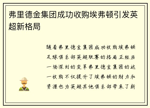 弗里德金集团成功收购埃弗顿引发英超新格局